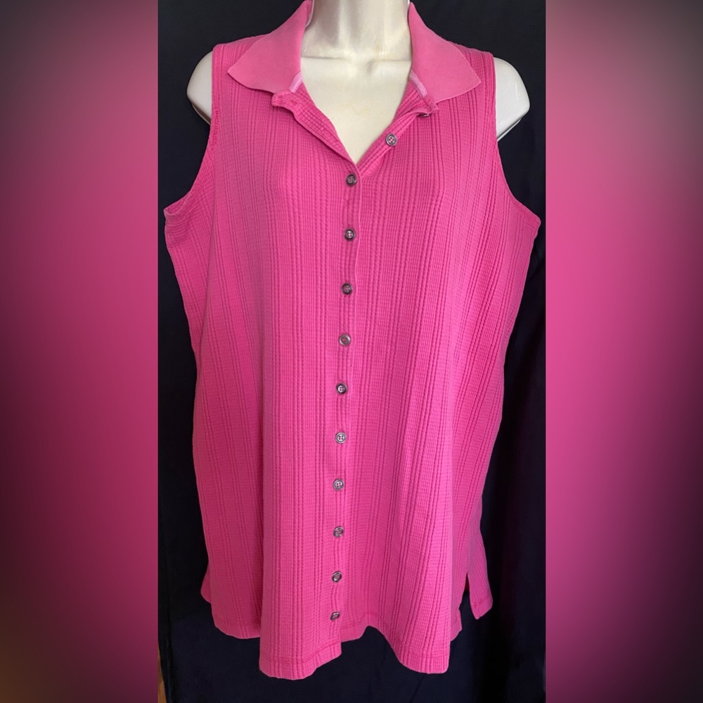 St. John’s Bay hot pink button down, long collared blouse, Sz L, gently used